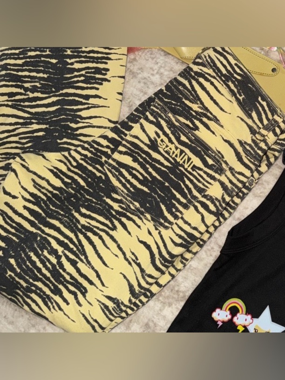 Ganni Yellow and Black Zebra-Print Jeans small like brand new